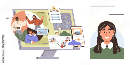 Diverse team collaborating through virtual tools, charts, messages, task tracking, and profile representation. Ideal for teamwork, productivity, project management, communication digital connection