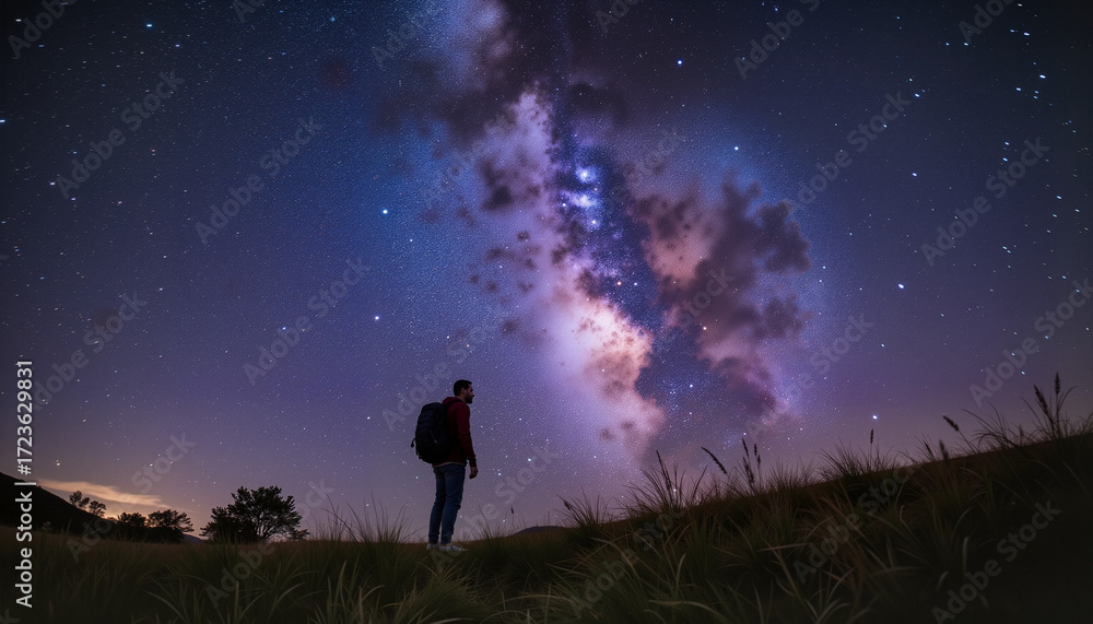 Fototapeta premium Man gazing at the Milky Way galaxy in the night sky 