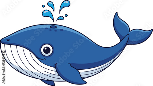 Cartoon whale spouting water, marine animal, cheerful sea creature, children's illustration, ocean theme, vector art, playful design, stock content