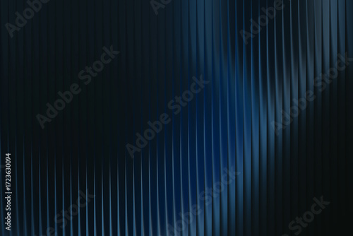 Illustration of dark abstract background featuring a vertical ribbed texture with subtle blue light accents, conveying a sophisticated and modern aesthetic, abstract glass stripe gradient background