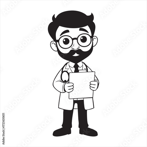Monochrome vector illustration of a friendly male doctor character with glasses, beard, and mustache, wearing a lab coat and stethoscope, holding a blank clipboard, ideal for healthcare, medical