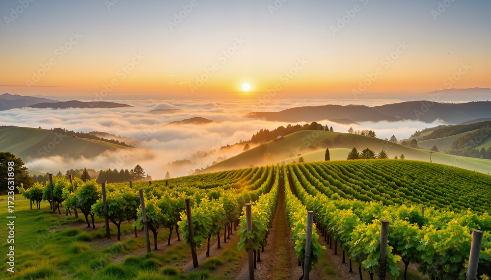 Fototapeta premium Sunrise over vineyard hills with misty mountains in background 