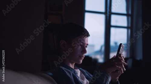 Evening Quiet: Boy Alone by the Window, Using His Phone