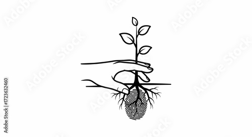 Hand holding a sapling with soil and roots flat vector icon
