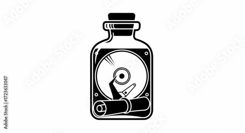 flat vector graphic of hard drive inside a bottle with scroll