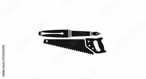 Fountain pen and hand saw silhouette flat vector graphic juxtaposition