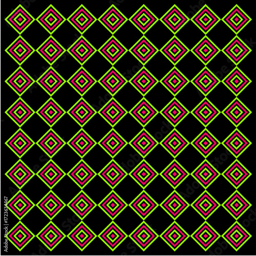 Layers of pink and green diamonds radiate outward on black canvas, weaving luminous geometry, rhythm, and balance into an endless hypnotic tapestry.