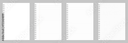 Set of spiral notebook pages including blank, lined, ruled, and grid paper templates. Perfect for stationery, school, office, notes, sketching, and academic design projects. Vector, white paper.