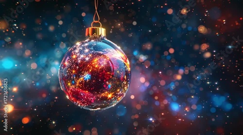 A close-up shot of a glittering Christmas ornament against a bokeh-filled background (AI Generated)
