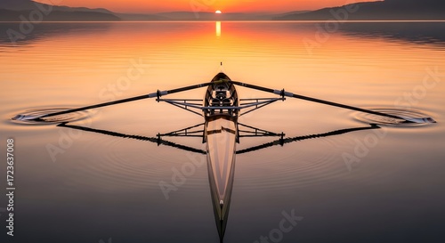 Wallpaper Mural Realistic rowing boat on calm lake water with reflection during early sunrise fitness activity Torontodigital.ca