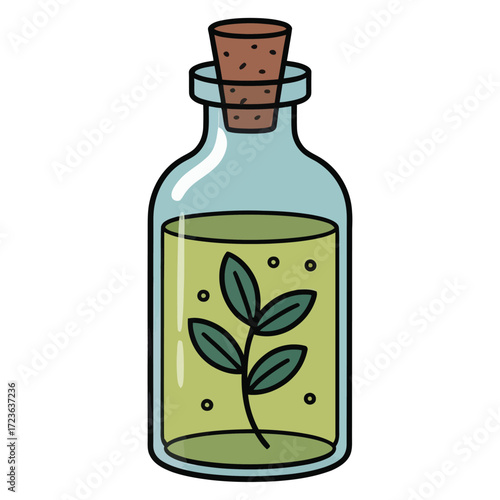 Cute kawaii essential oil bottle with tiny leaf icon, flat cartoon vector, pastel color, white background, transparent background