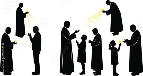 Spiritual ritual illustration, divine transmission concept, glowing sacred object, religious figures in robes, symbolic blessing ceremony, faith and enlightenment moment
