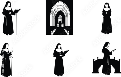 nun, church, prayer, faith, religion, worship, devotion, habit, book, staff, altar, Gothic, spiritual, Catholic, silhouette