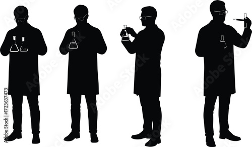 Scientist silhouette illustration, laboratory glassware handling, chemistry research concept, safety goggles and lab coat, scientific experiment scene, modern science visual