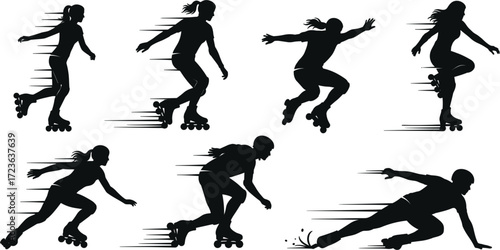 Roller skating silhouette illustration, dynamic motion poses, athletic recreation concept, speed and agility, urban sport activity, energetic skater movement, black figure art
