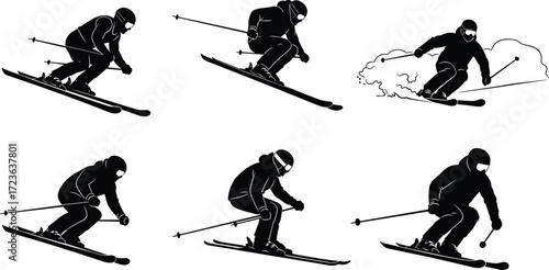 Skier silhouette illustration, dynamic skiing poses, winter sports concept, snow carving action, alpine descent movement, speed and technique, black figure art