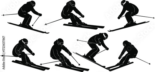 Skier silhouette illustration, dynamic winter sports poses, downhill skiing action, snow trail movement, alpine technique, speed and motion, black figure concept