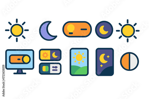 Day and night flat icon set. sun, moon, light switch, mobile interface vector icons.