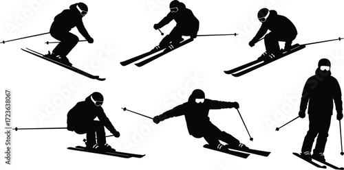 Skier silhouette illustration, dynamic downhill skiing poses, winter sport concept, snow trail movement, alpine technique, speed and agility, black figure art