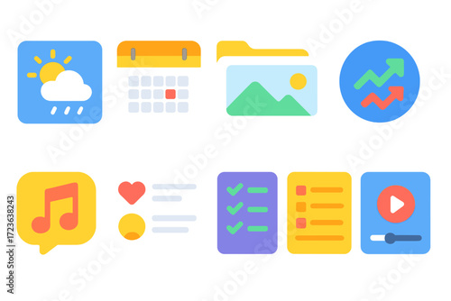 Flat business and technology icon set with productivity, finance, and media symbols