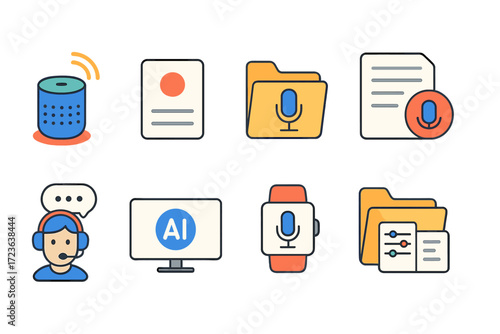 Voice recognition flat icon set. audio, assistant, ai technology icons collection
