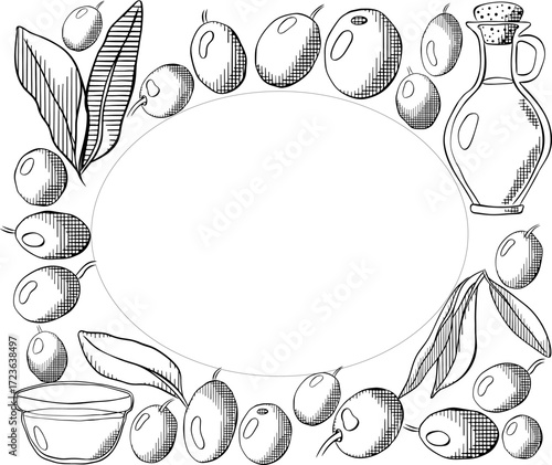 Olive oil, green berry and leaves Oval rectangle frame template. Vector graphic line ink Black and white illustration. Banner, poster, wrapping paper, sticker, print, modern textile design.