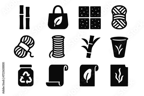 Materials icons bamboo paper film skein renewable algae icon cord vector flooring