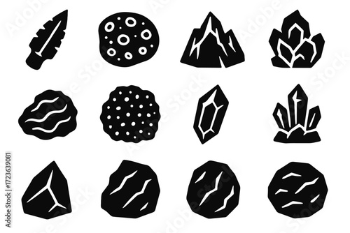 Vector obsidian volcanic basalt stone icons mineral gemstone sample texture porous icon