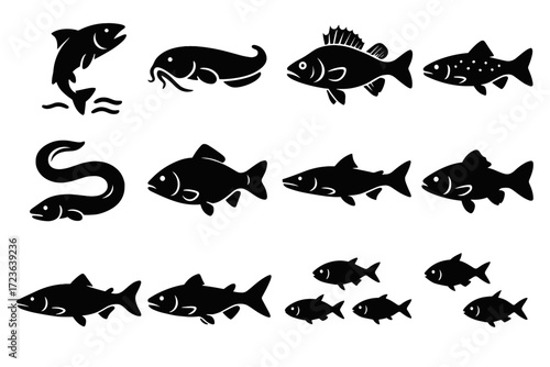 Icon fin pike swimming fish eel bass river vector leaping spiny fins