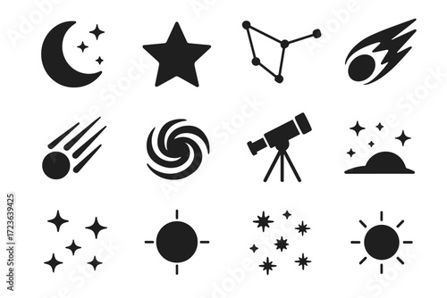 Shining night sky star planet comet telescope vector icon cluster lines
