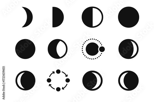 Moon shadow cycle phases arc eclipse half icon waning waxing lunar vector