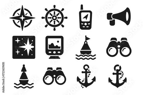 Chart horn navigation gps rose compass star vector icon signal rope icons