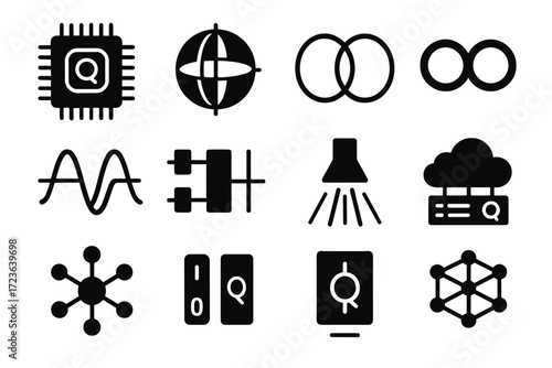 Qubit icons waves quantum to photon vector processor computing server converter circuit