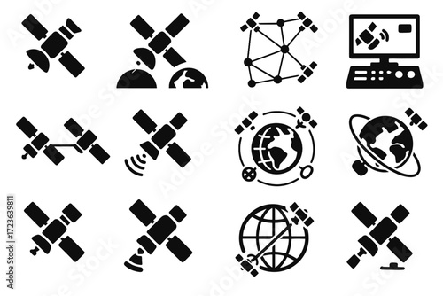 Network grid satellite icons control sensing communication icon tracking vector frequency beam