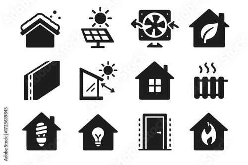 Recovery vector system solar ventilation energy symbol structure house icons insulated icon