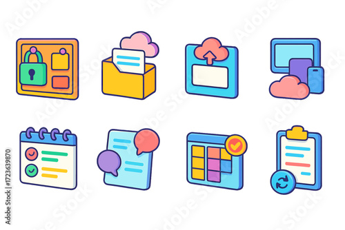 Cloud storage and collaboration icon set. colorful, flat design for digital tools.