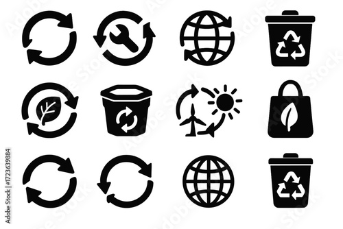 Global symbol circular economy reusable icon loop vector arrows bag cycle bin