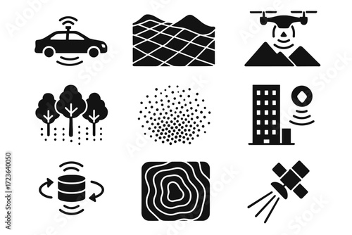 Icons scan lidar satellite vector height mountains contour rotating mapping scanning sensor