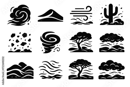Icon dust sand debris storm sandstorm waves lines set whirl vector cactus