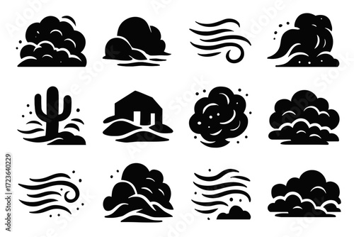 Dune swirling trails horizon wind dust icon set vector collapsing sandstorm clouds