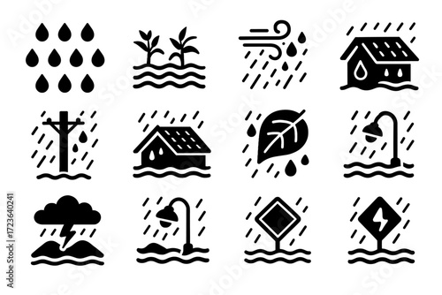 Rain icons leaf vector raindrops spray heavy flooded house lamp icon electricity