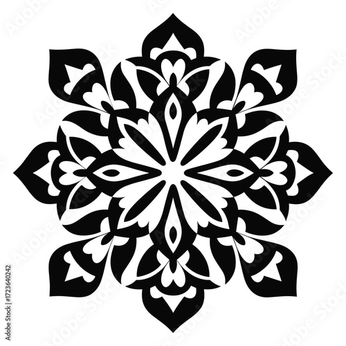 Intricate Black and White Symmetrical Mandala with Floral Motifs vector illustration