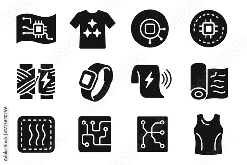 Patch textile fabric threads circuit sportswear heating panel smart icon vector icons