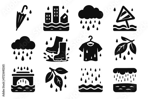 Dark wet boots monsoon underwater icon dripping set road vector clothes shape