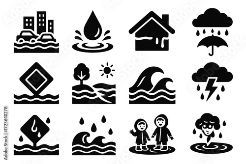 Raindrop city umbrella storm lightning monsoon splash rains flooded vector children icon