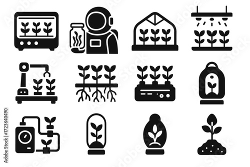 Icons space led icon farming algae capsule vector box astronaut root pod