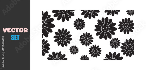 Black and white floral pattern with various sized daisies
