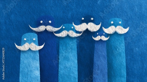 Mena??s Day celebration with mustache figures on a blue background, evoking fun and spirited vibes for the day.
