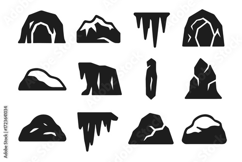 Icons crack mound frozen vector cliff cave crystalline icon cluster glacier icicle