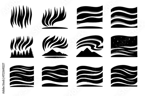 Silhouette aurora arc mountain icon streaks glow arcs trees vector starry